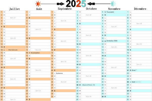 2eme SEMESTRE 2025 : CALENDRIER avec jours fériés