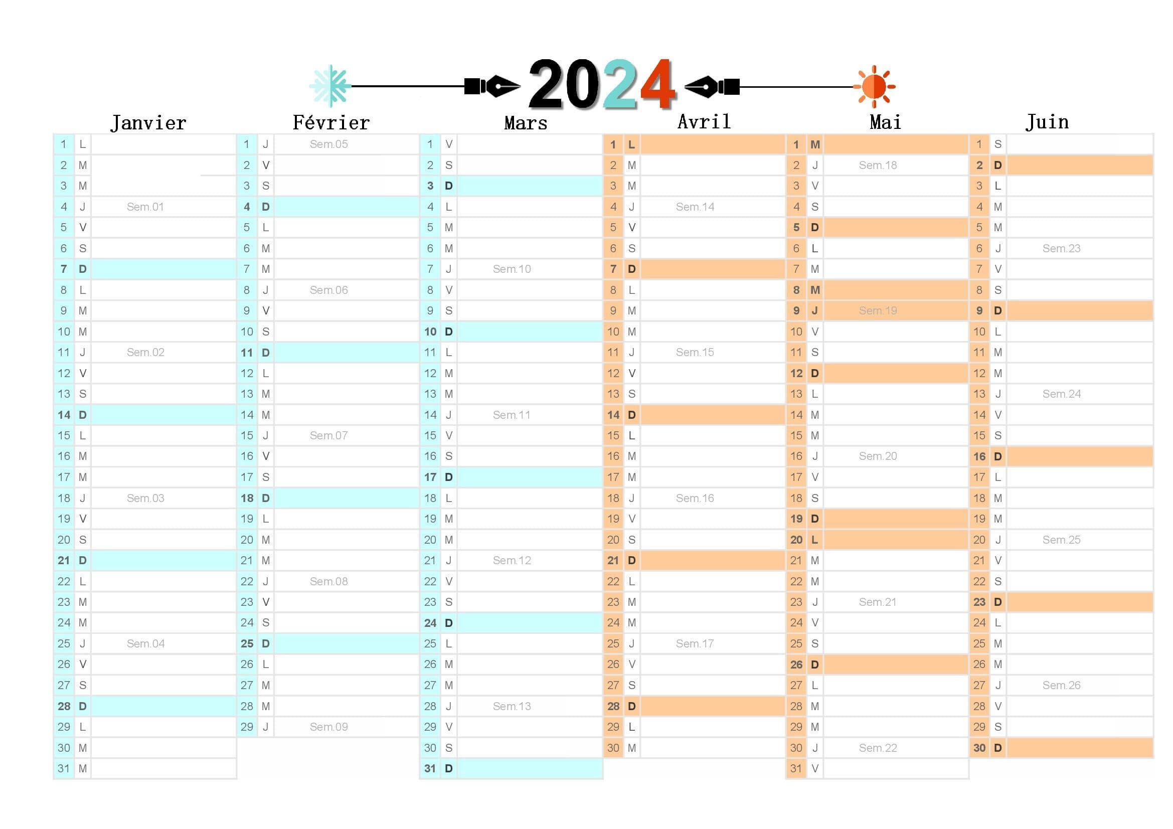Calendrier 2024 à imprimer, planner 2024, calendrier mensuel, a4,  minimaliste - Un grand marché