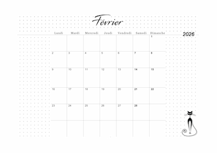 Calendrier de février 2026 imprimable