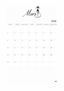 Calendrier de mars 2026 à imprimer