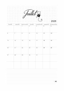 Calendrier de juillet 2026 à imprimer
