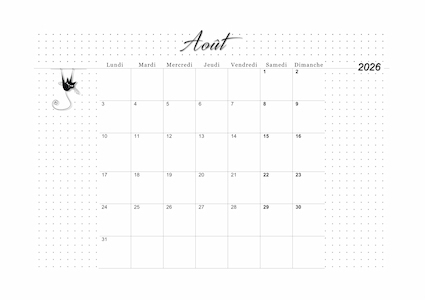 Calendrier d'août 2026 imprimable