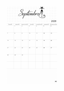 Calendrier de septembre 2026 à imprimer