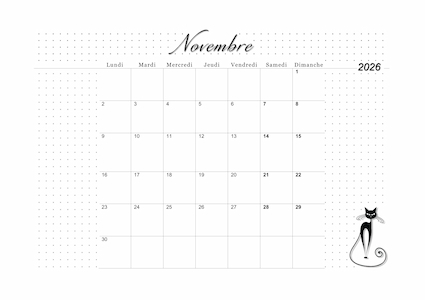 Calendrier de novembre 2026 imprimable