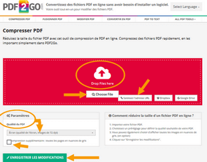 Interface PDF2go pour ajouter un nouveau fichier PDF via une URL et taux de compression.
