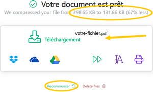 Interface Sejda pour télécharger le document PDF compressé - recommencer.