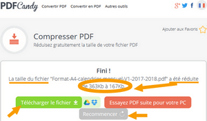 Interface PDFCandy téléchargement du PDF compressé.