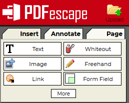 Onglets d'outils de l'éditeur de PDF PDFescape. 