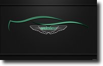 Aston Martin logo voiture de luxe au milieu de l'image avec forme de voiture verte sur fond noir.