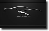 Jaguar logo voiture anglaise au milieu de l'image avec forme de voiture en relief sur fond noir. 